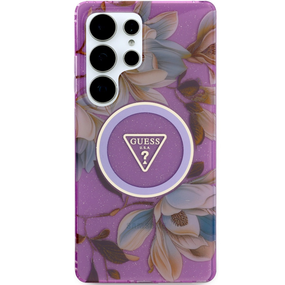 Etui Guess Glitter Flowers Triangle Buttons do MagSafe do Samsung Galaxy S25 Ultra, fioletowe